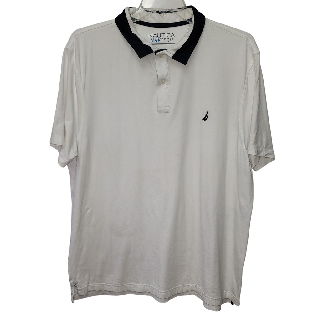 Nautica Navtech White Performance Polo Shirt XXL Black Collar Preppy Sail Sporty